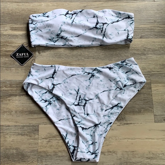 Zaful Other - Zaful Marble Print High Waisted Bandeau Bikini Set